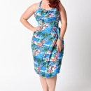 Unique Vintage Blue Flamingo Wrap Dress